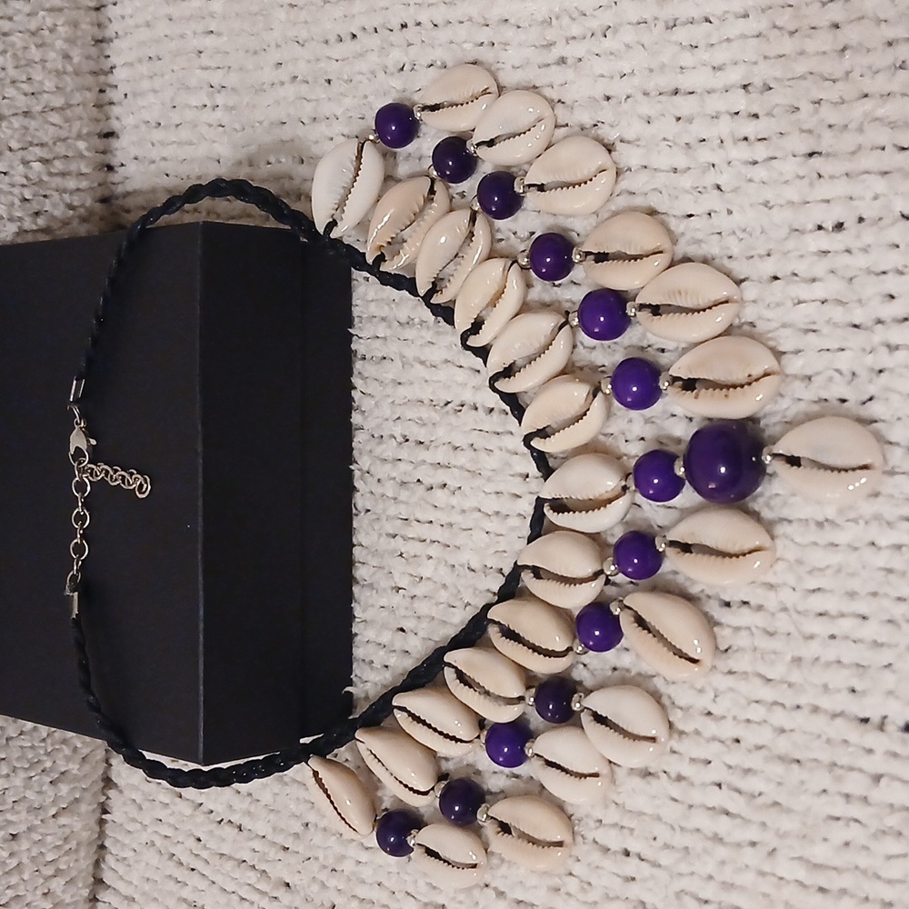 Cowrie Shell and Purple Bead Statement 3-piece Set - Picture 2 of 4